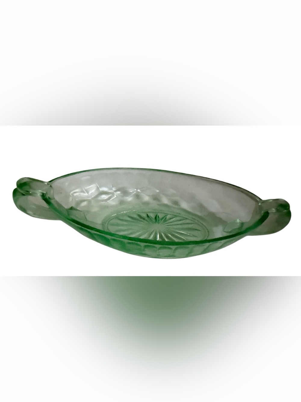 Green Depression Vintage Oval Glass Handled Dish
